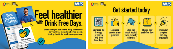Feel healthier with Drink Free Days.  Small changes can make a big difference to your life, including better sleep, feeling healthier and saving money.  Get started today.  Download the free app or search 'NHS Drink Free Days'.  Log in and answer a few questions.  Enter how much alcohol you're currently drinking.  Choose your drink-free days.  Track your progress and stay motivated.