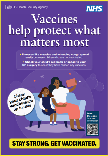 Illnesses like measles and whopping cough spread easily between children who are not vaccinated.  Check your child's red book or speak to your GP Surgery to see if they have missed any vaccines.